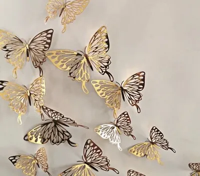 12 Pcs 3D Butterflies Wall Art Gold Cake Topper Dessert Decor Home • £3.97