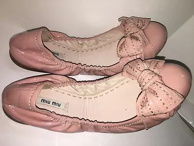 Miu Miu Shell Pink Nude Stitched Bow Scrunch Ballet Flats Gorgeous! • $195