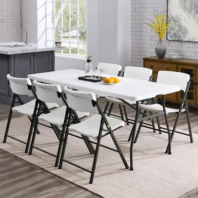 $45.98 • Buy 6 Foot Fold-in-Half Camping Dining Table Seats 6 Adults 170 Lbs Capacity White