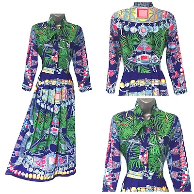 Womens Long Maxi Dress Size S Multi Tropical Jewel Print Pleated Pussy Bow Boho • £36.99