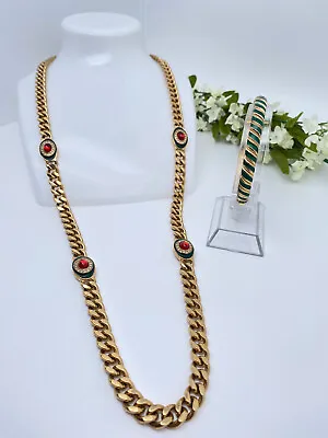 VTG Ciner Red Cabochons Curb Link Necklace + Green Bangle Bracelet • $248