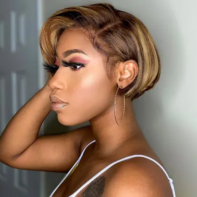 Short Pixie Human Hair Lace Front Highlight Blond Brown Bob Wigs 4x4 Pre Plucked • $65.54