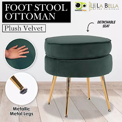 Velvet Ottoman Round Foot Stool Rest Pouffe Metal Leg Padded Seat Footstool - GN • $79