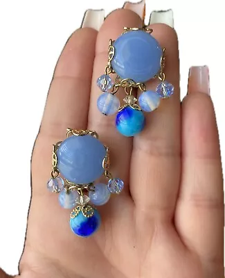 Coro 1940's Vintage Clip On's Gold Tone Jewelry Periwinkle Blue Glass Dangles • $9.99