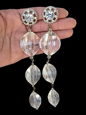 Vintage Extra Long Chunky Graduated Clear Lucite Rhinestone Glam Clip Earrings • $25