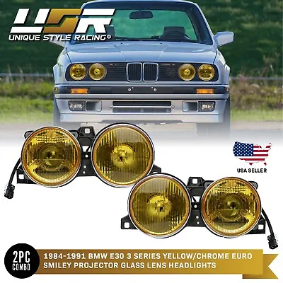 French Edition YELLOW GLASS Euro Smiley Projector Headlight For 1984-91 BMW E30 • $239.95