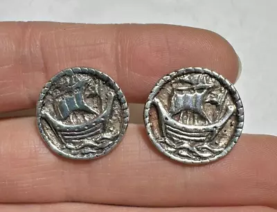 Vintage Silver Norway Norwegian Viking Boat Ship Coin Design Stud Earrings 4a2.3 • $49.99