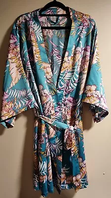 Bras N Things NWOT Aqua/ Teal Satin Floral Kimono Robe Dressing Gown - Size L  • $10