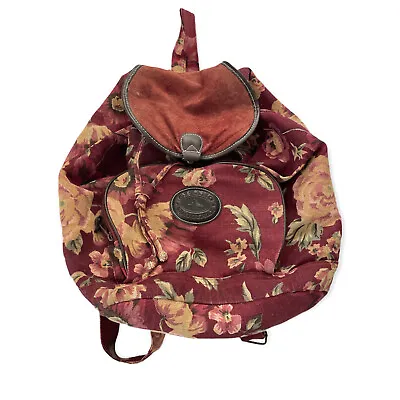 Vintage 90s Gitano Backpack Purse Red Floral Drawstring Canvas & Leather 17x15   • $35.99