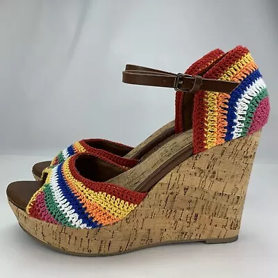 MIA Hannah Women's Sz 8 Boho Rainbow Crochet Ankle Strap Cork Wedges Sandal • $25.95