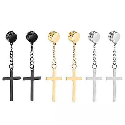 2pcs Stainless Steel Cross Dangle Studs Magnetic Earrings Non-Piercing Clip On • $10.99