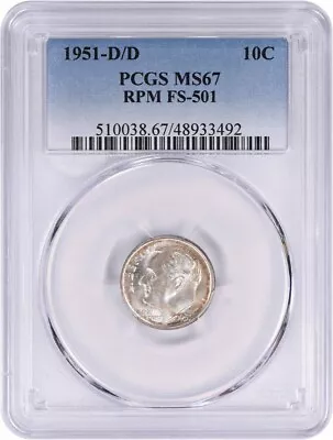 1951-D/D Roosevelt Dime RPM FS-501 MS67 PCGS • $304