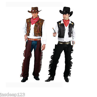 Cowboy Mens New Wild Western Adults Fancy Dress Costume Halloween Black Brown    • £6.99