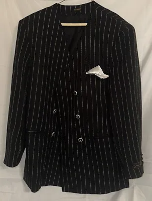 Dino Davinci Mens Double Breasted Coat Jacket Black Sz R40 Pocket White Stripes • $39.99