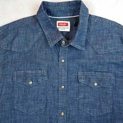Wrangler Pearl Snap Denim Shirt Men's XL Indigo Blue Rigid Denim Long Sleeve  • $27.88