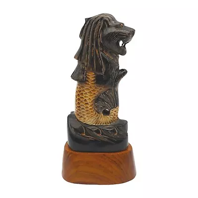 Carved Wood Merlion Figurine Statue 6  Mermaid Lion Mythical Creature Singapore • £33.91