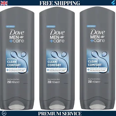 3 X 250ml Dove Men + Care Clean Comfort Body Wash Mens Shower Gel • £7.54
