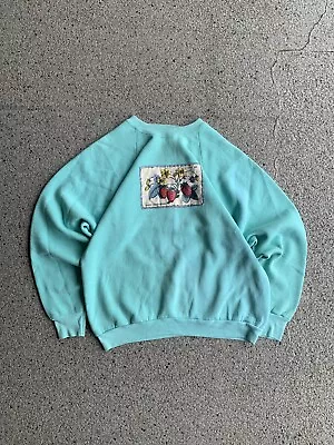 Vintage 90s Strawberry Fruit Gardening Crewneck Sweatshirt Aqua Blue Size L USA • $24.99