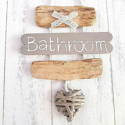 Wooden Driftwood Bathroom Wc Toilet The Loo Wicker Heart Door Plaque Ornament • £7.50