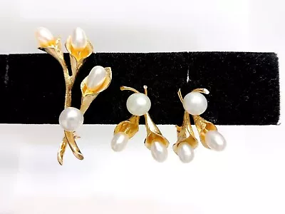 Vintage 9.5G 14kt Gold Freshwater Pearl Leverback Earrings & Brooch (35032-2) • $699.99