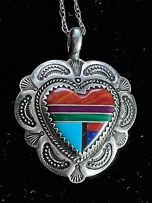 Vintage Signed QT Native American Sterling Inlay Heart Pendant • $77