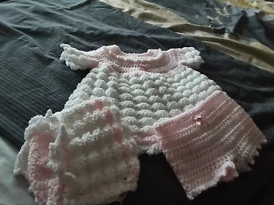 A New Hand Crochet Baby Girl Angel Top Shorts & Hat Set Pink & White Dk Newborn • £7.50