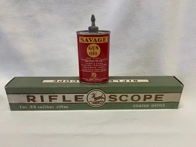 Gun Oil Tin & Rifle Scope For .22 Caliber Coated Optics Antique Savage Lot • $162