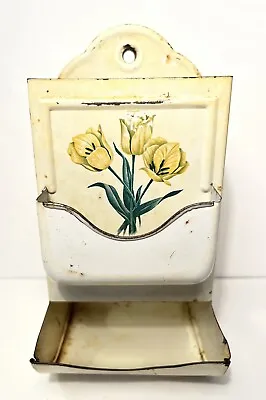 Vintage Tin Wall Match Box Holder Matches Yellow Floral • $17.99