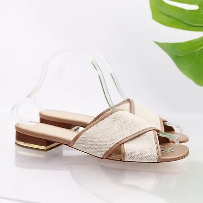 Michael Kors Women's Shelly Sandal Size 7.5 Tan Hemp Crossover Slide Flat Heel • $47.39