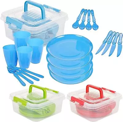 31 Piece Plastic Picnic Camping Party Dinner Plate Mug Cutlery Set Storage Box • £10.15