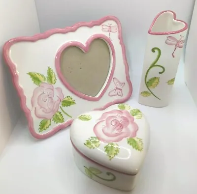 Ceramic 3 Piece Dresser Set Heart Rose Dragonfly Butterfly Hand Painted  • $15