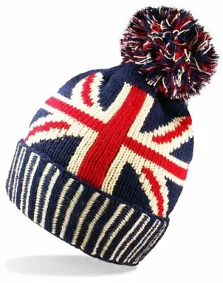 Mens Ladies Winter Warm Union Jack Gb Flag Knit Bobble Beanie Pom Pom Hat Uk  • £6.97