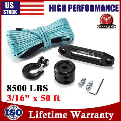 SPARKWHIZ ‎3/16  X 50' Synthetic Winch Rope Cable 8500 Lbs W/Sleeve + Winch Hook • $35.99