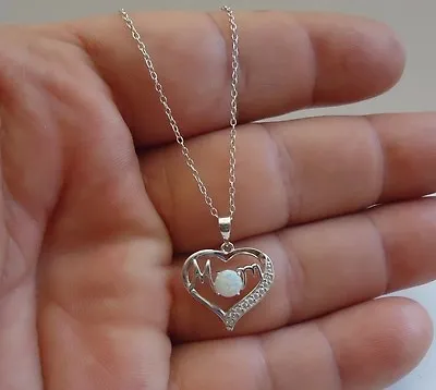  925 Sterling Silver Heart W/ Word Mom Necklace Pendant W/ Lab Diamonds & Opal • $31.35