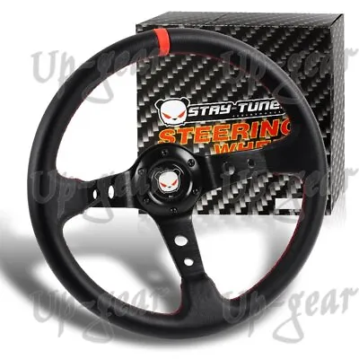 Universal 350mm Deep Dish Red Stitched Black PVC Leather 6 Hole Steering Wheel • $41