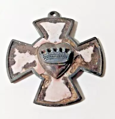 Brass & Enamel Heraldic Masonic Maltese Cross Heart & Crown Pendant Shows Wear • $14.99