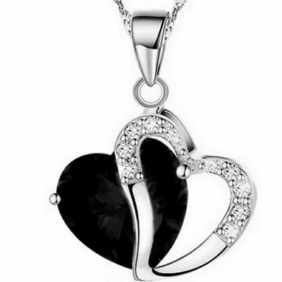 Heart Necklace Rhinestone Simulated Onyx Birthstone Mother Day Wife Jewelry Gift • $12.99