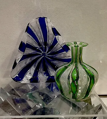 C60s Two Fratelli Toso Murano Glass Pair Zanfirico Vase Bowl Ribbon Dish Couple • $99