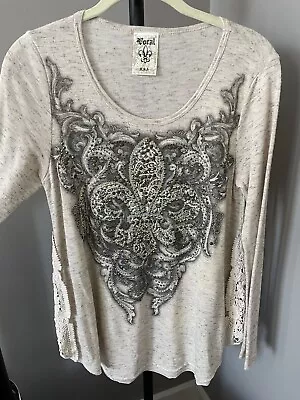 Vocal Womens Long Sleeve Shirt Tunic Top Rhinestones Ivory SMALL • $23