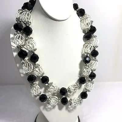 VENDOME 2 Strand Black Glass Necklace White Enamel Cage Rhinestone Caps 18  • $125.95