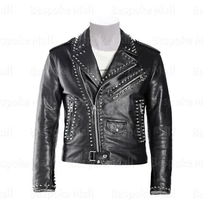 New Men's Black Silver Spiked Studded Punk Rock Cowhide Biker Leather Jacket-316 • $217.49