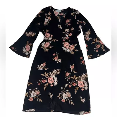 Veronica M Black Floral Bell Sleeve Wrap Midi Dress Size XS NWOT • $28