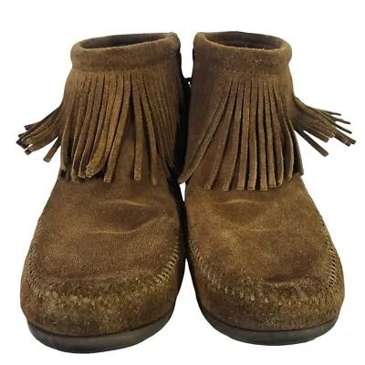 Minnetonka Fringe Brown Suede Moccasin Booties - Women's Size 8 • £16.38