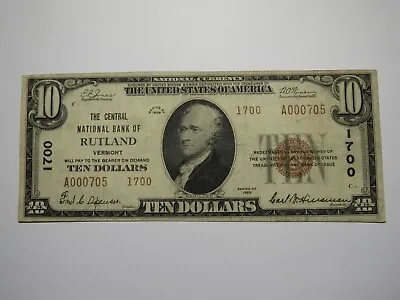 $10 1929 Rutland Vermont VT National Currency Bank Note Bill Charter #1700 VF++ • $284.99