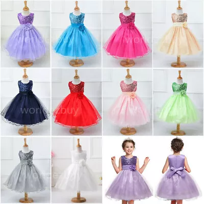 Kids Baby Flower Girls Party Sequins Dress Wedding Bridesmaid Princess Dresses • £11.39