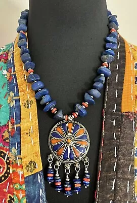 Moroccan Fibulae Enameled Tuareg Berber With Coral & Lapis Lazuli Boho Necklace. • $187.85