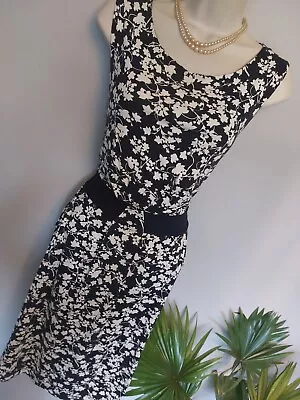 Blue White Floral Jersey Dress Size 14 HOBBs Ditsy Smart Casual Stretchy Pull On • £25