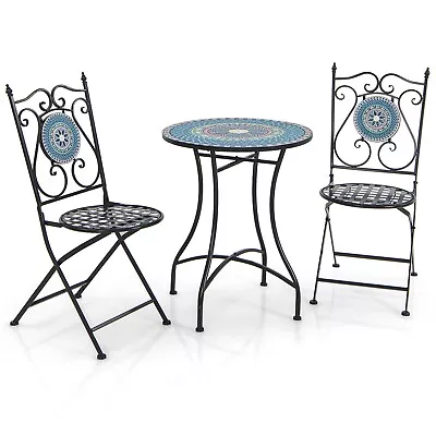 3pcs Patio Bistro Set Outdoor Mosaic Dining Set Round Table & 2 Folding Chairs • £139.99