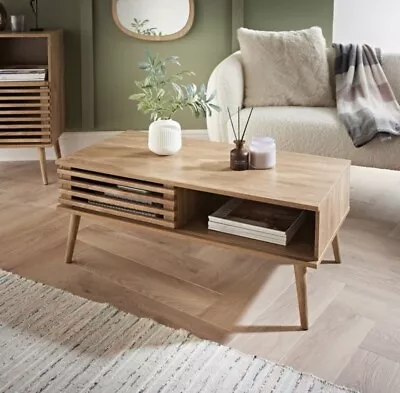 Coffee Table Slated Sliding Door Natural Mango Wood Finish Living Room Table NEW • £97