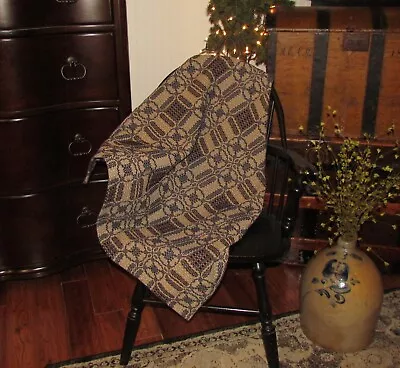 $24.95 • Buy Prim Antique Vtg Style Tan Navy Choco Cotton Woven 32  COVERLET Square RQ30TNCSS